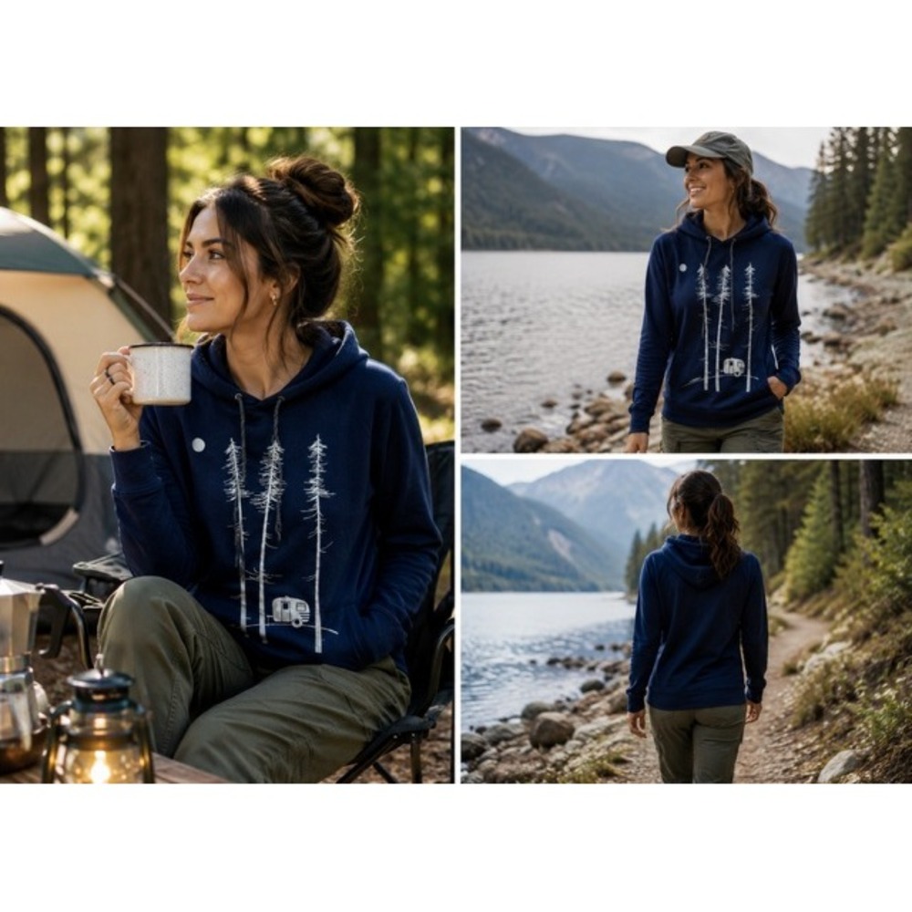 Marushka Navy Blue Cotton Hoodie Screen Printed Pine Trees Camper Trailer Small